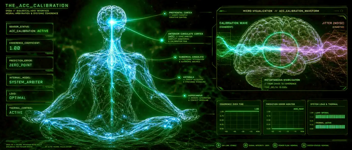 ACC calibration protocol visual: meditator with prefrontal cortex, anterior cingulate cortex, subgenual cingulate, amygdala and hippocampus mapped, calibration wave smoothing jitter into coherence inside the ONDA biological void interface.