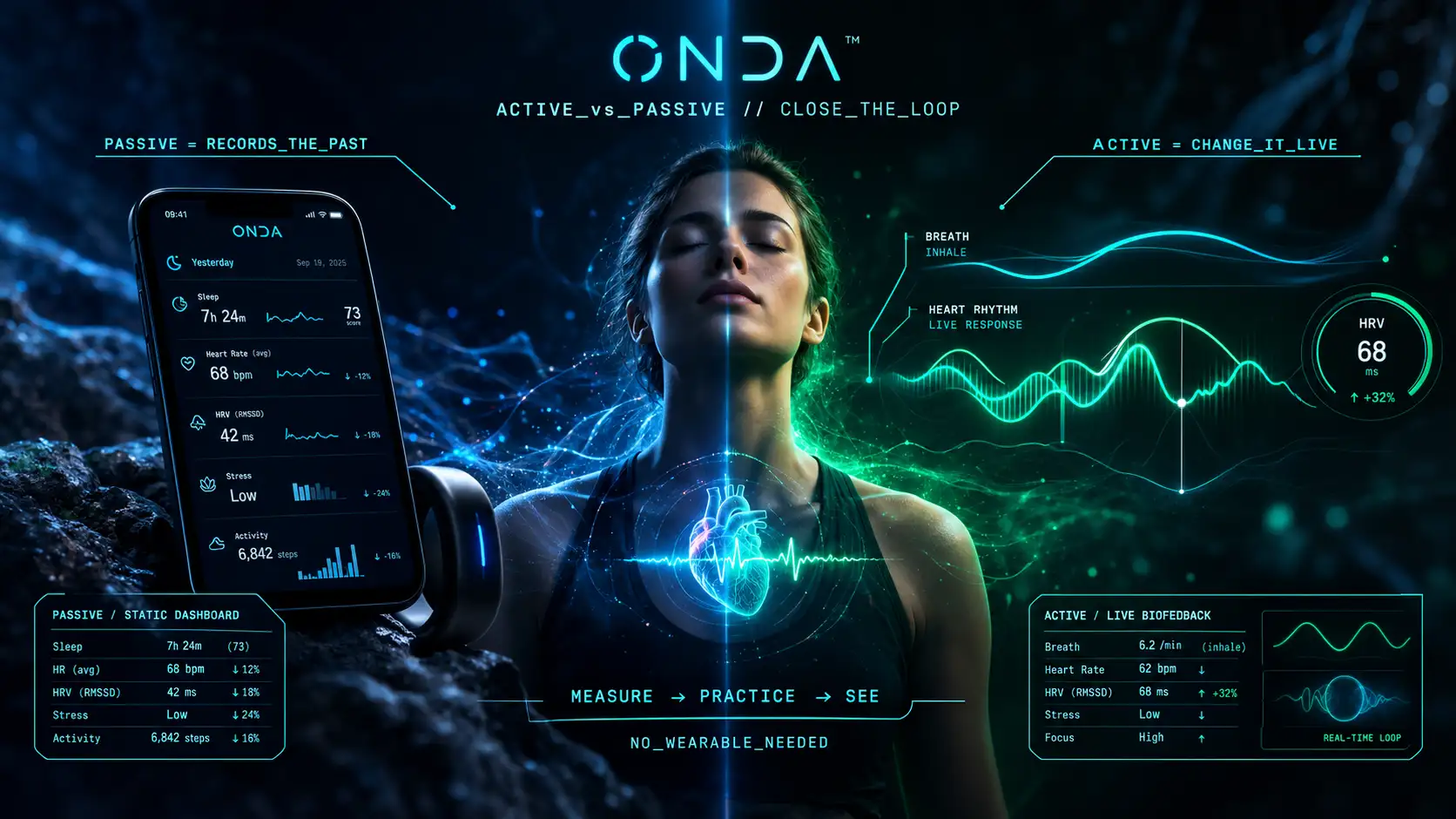 A split: a passive tracker logging a frozen dashboard of the past on the left, an active biofeedback loop responding live to a breath on the right.