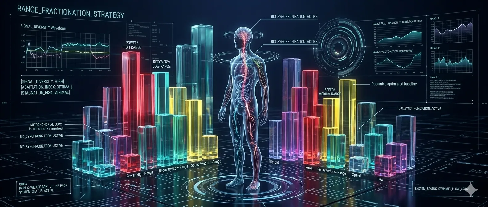 Range Fractionation Strategy: signal diversity waveform, bio-synchronization active, power and recovery ranges for biohacking adaptation.