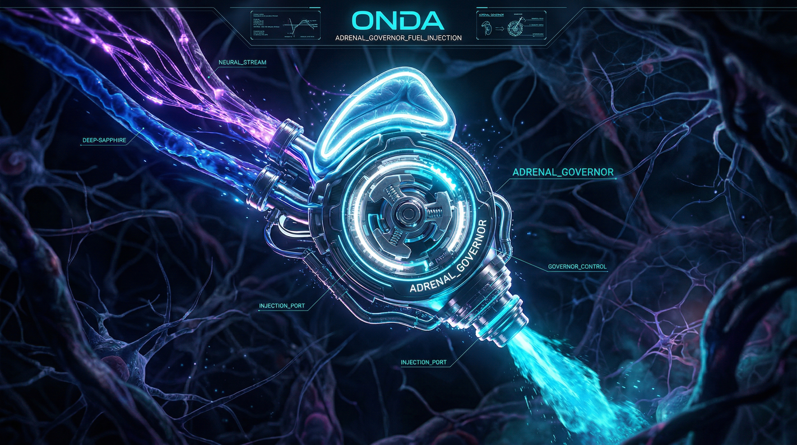 Sci-fi mechanical adrenal gland rendered as a precision fuel injector with ADRENAL_GOVERNOR engraved on its body. Purple-blue neural streams feed into the device from the left; cyan injection output exits right. Labels: NEURAL_STREAM, DEEP-SAPPHIRE, INJECTION_PORT, ADRENAL_GOVERNOR, GOVERNOR_CONTROL. ONDA Life endocrine architecture cortisol limiter visualization.