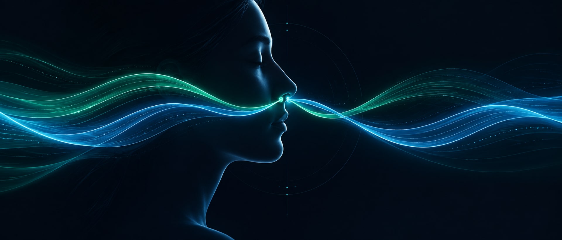 Respiración alterna (Nadi Shodhana) — ilustración: perfil de un rostro con dos flujos de luz que se alternan por las fosas nasales en un patrón simétrico y equilibrado.