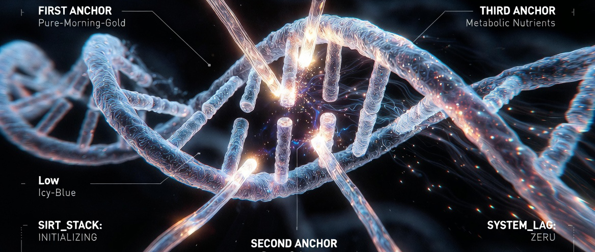 DNA double helix with three circadian anchors marked: First Anchor (morning light), Second Anchor (thermal), Third Anchor (metabolic nutrients). SIRT stack initializing, System Lag zero. ONDA Life.