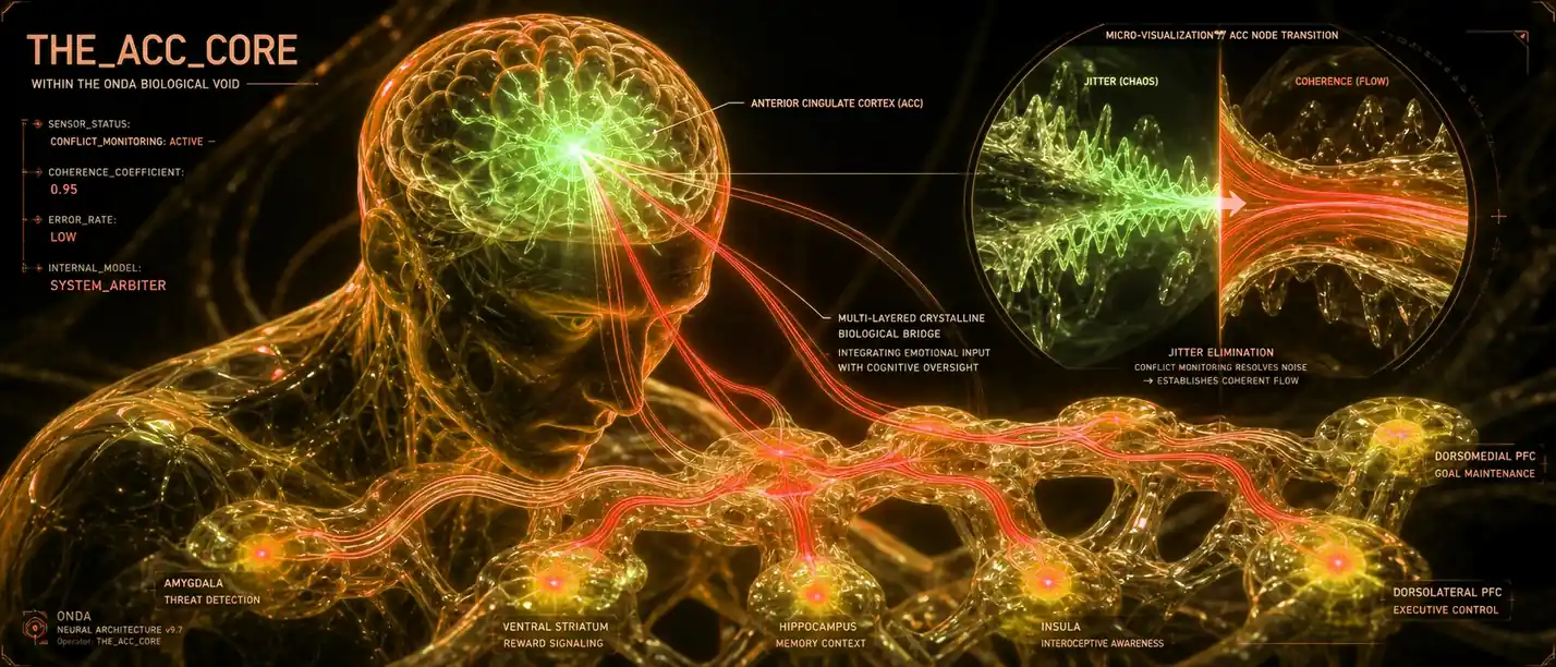 Anterior cingulate core visual: glowing ACC node arbitrating between jitter and coherence, with amygdala, ventral striatum, hippocampus, insula and dorsolateral PFC mapped across the ONDA biological void interface.