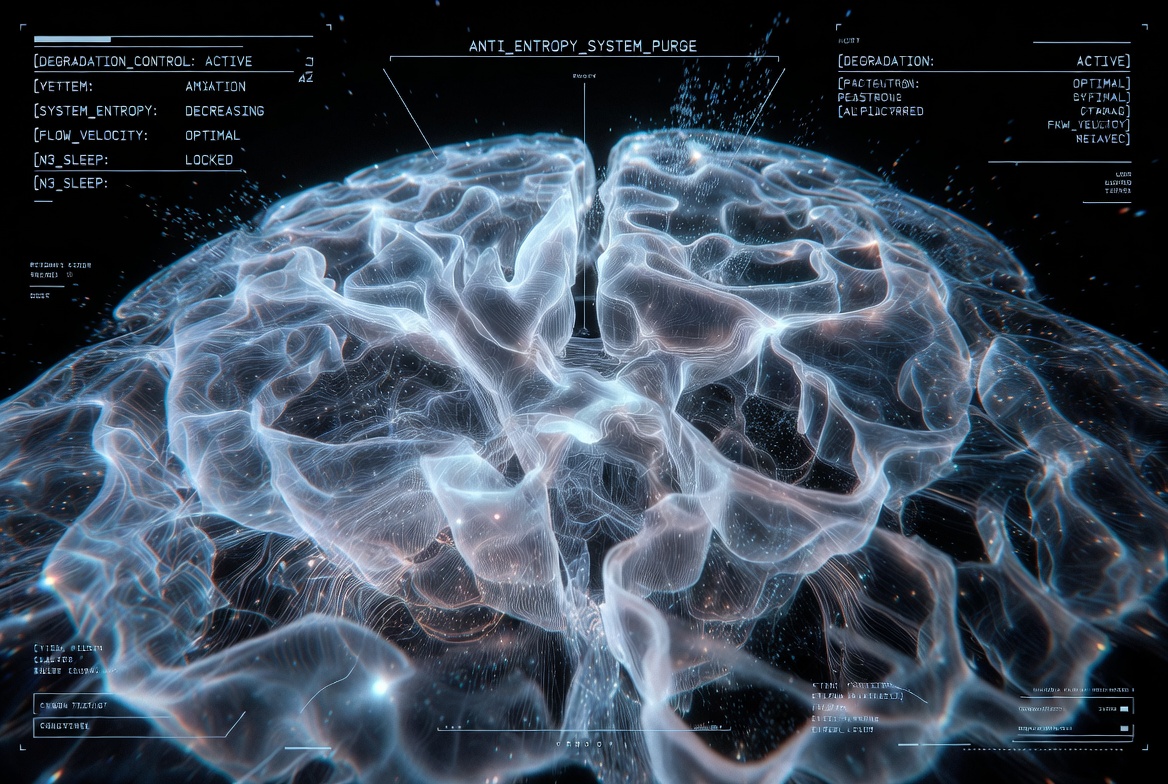 Glowing neural network brain viewed from above with ANTI_ENTROPY_SYSTEM_PURGE header and DEGRADATION_CONTROL ACTIVE, SYSTEM_ENTROPY DECREASING, FLOW_VELOCITY OPTIMAL, N3_SLEEP LOCKED status monitors. ONDA Life anti-entropy protocol visualization.