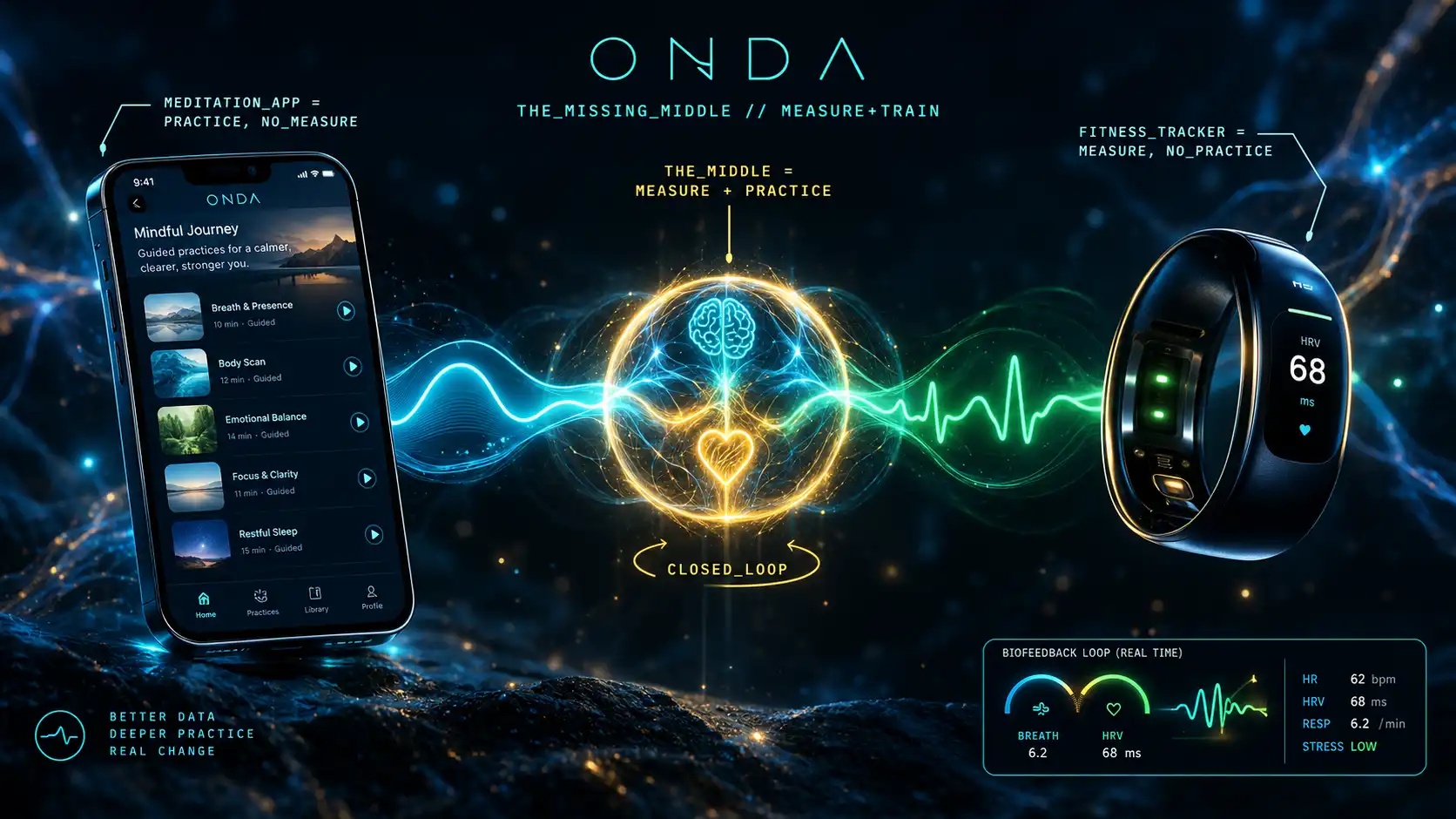 A meditation-content phone and a fitness tracker, with a live biofeedback loop glowing in the gap between them — measure and train in one loop.