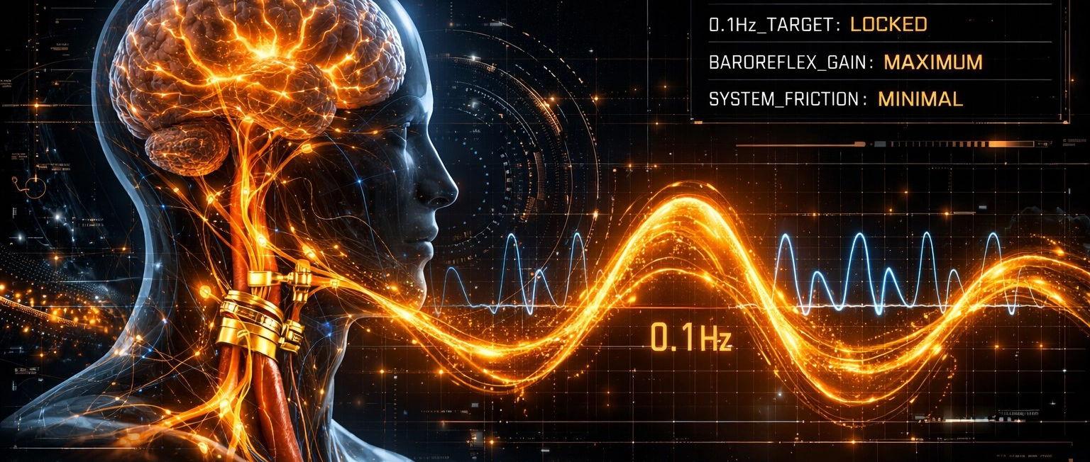 Cybernetic human profile with glowing neural pathways and orange 0.1 Hz wave — 0.1Hz_TARGET LOCKED, BAROREFLEX_GAIN MAXIMUM, SYSTEM_FRICTION MINIMAL overlays. ONDA Life baroreflex calibration protocol visualization.
