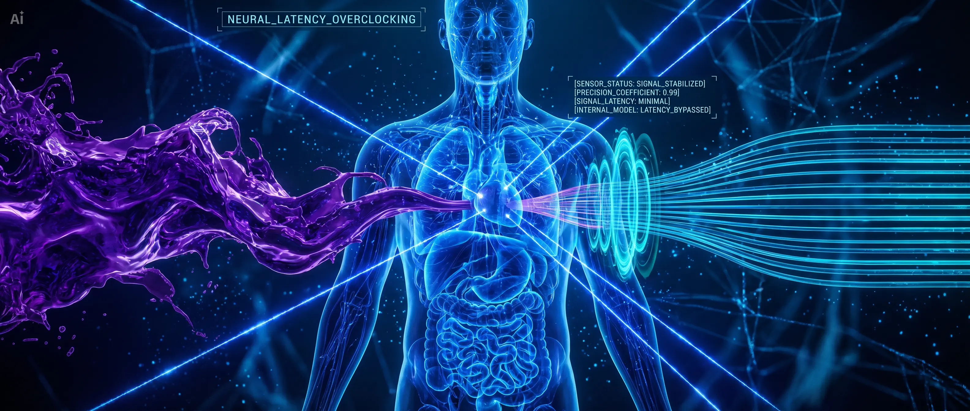 Biological latency overclocking visual with a human body, blue signal streams, purple interference, and neural sync rings.