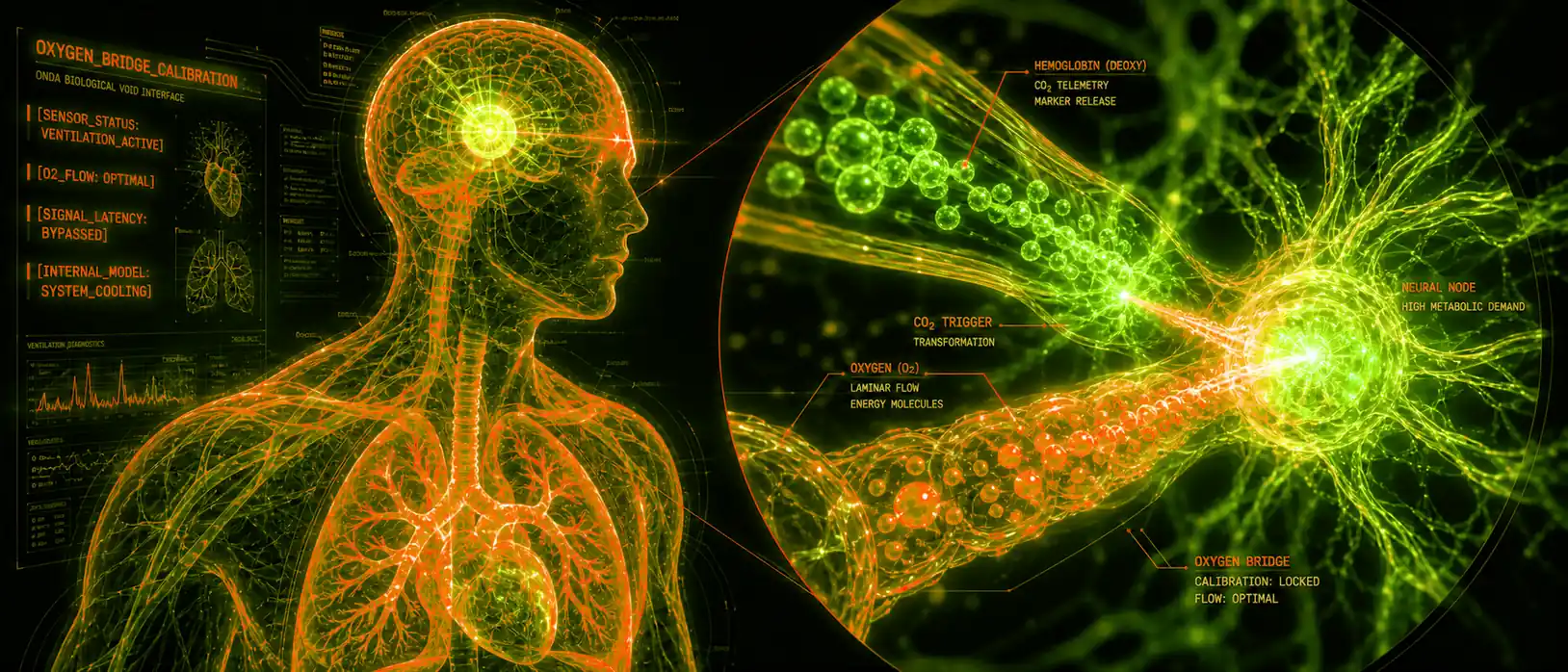 Bohr Effect visual: tensegrity bio-matrix human body with hemoglobin, CO2 trigger, oxygen laminar flow and an oxygen bridge feeding a high-demand neural node inside the ONDA biological void interface.