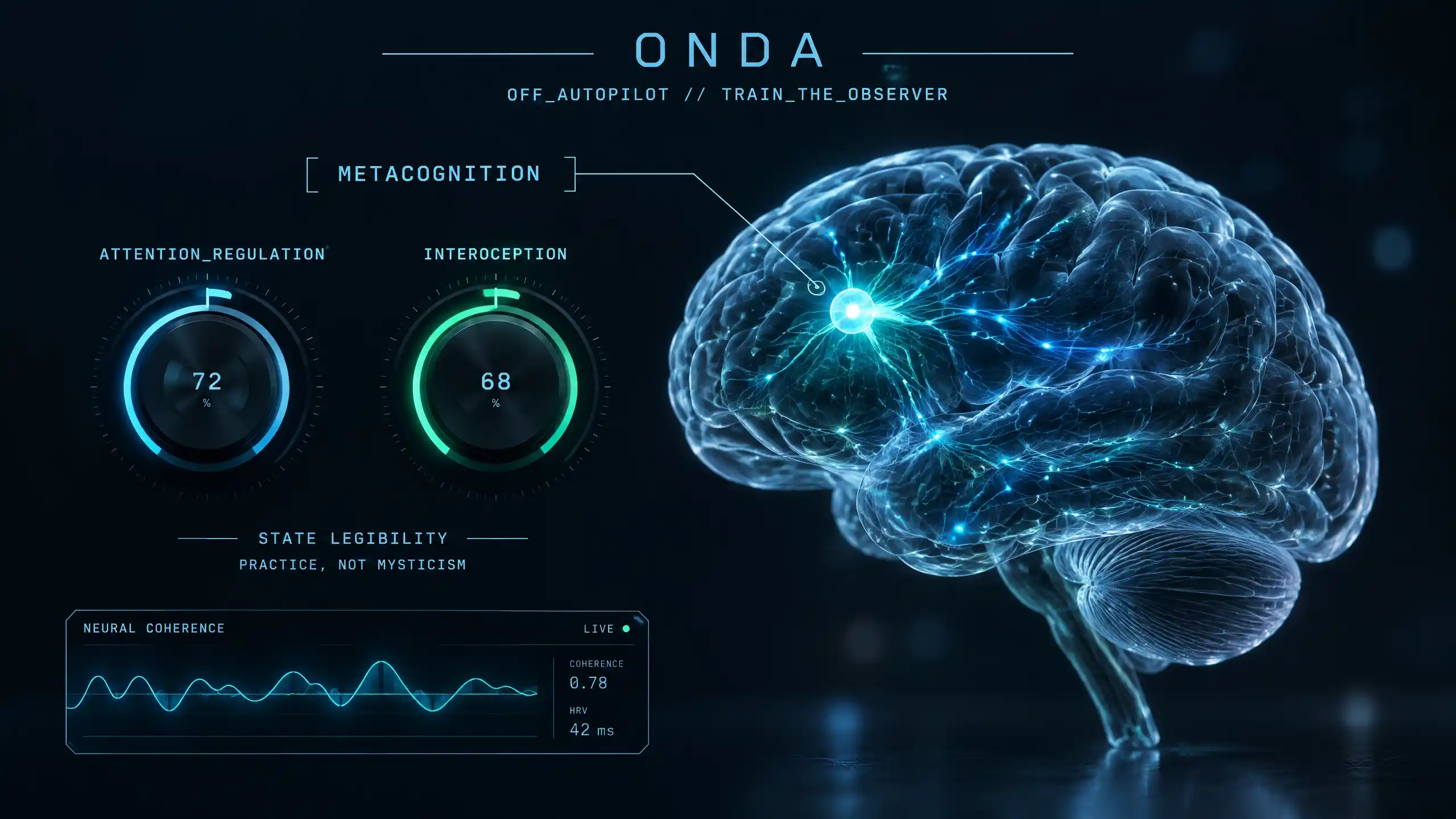A glowing brain with a metacognition 'observer' node and attention and interoception dials — grounded self-awareness training, not mysticism.