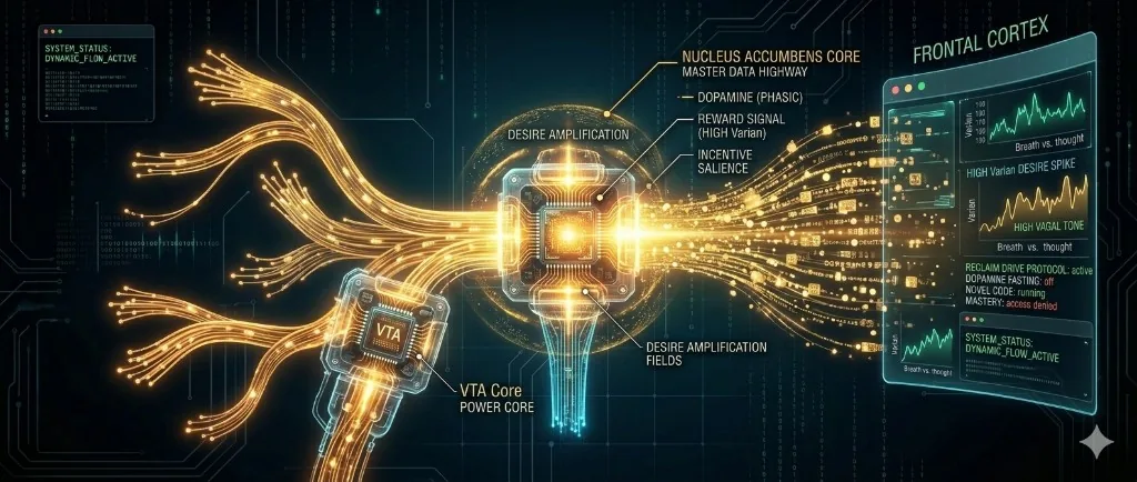 Dopamine architecture — mesolimbic pathway, reward circuitry, and biohacking dopamine optimization Dopamine neural reward pathway architecture visual: mesolimbic pathway, VTA, nucleus accumbens, biohacking dopamine circuitry.