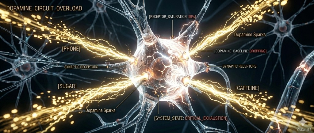 Dopamine circuit overload visualization: neural receptor saturation, synaptic downregulation, and glutamate excitotoxicity in reward pathways. ONDA biohacking.