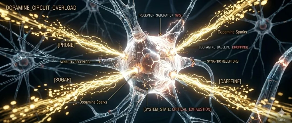 Dopamine stacking overload: receptor downregulation and glutamate excitotoxicity in neural circuits. Dopamine circuit overload visualization: neural receptor saturation, synaptic downregulation, and glutamate excitotoxicity in reward pathways. ONDA biohacking.