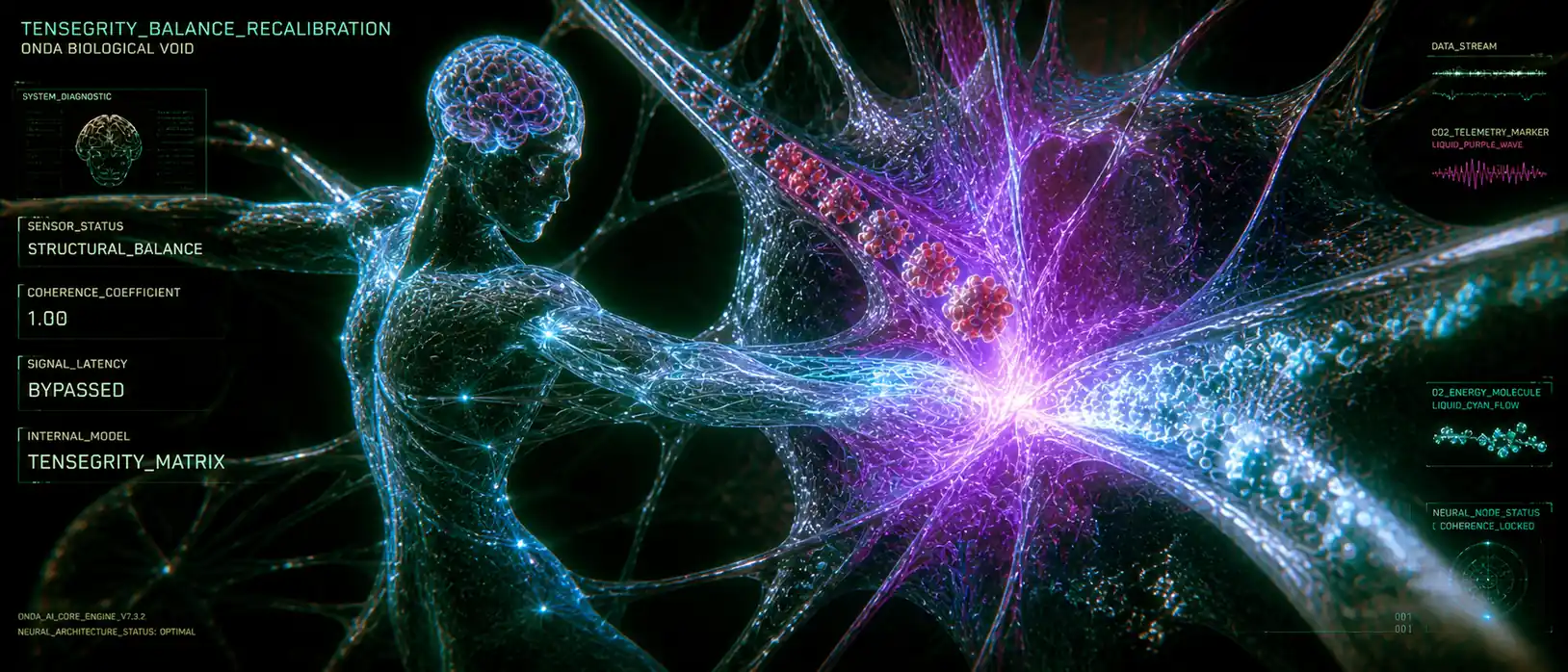 Fascial tensegrity recalibration visual: human form wired into a glowing fascial matrix with vagus nerve activation, oxygen flow and CO2 telemetry inside the ONDA biological void interface.