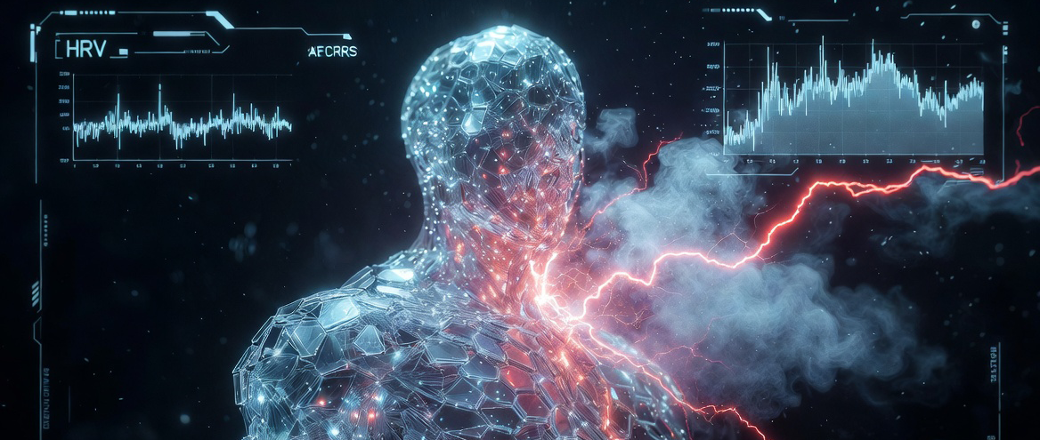 Crystalline human figure absorbing lightning strike with HRV waveform monitors — fault-tolerant biological system under stress load. ONDA Life HRV buffer resilience protocol visualization.