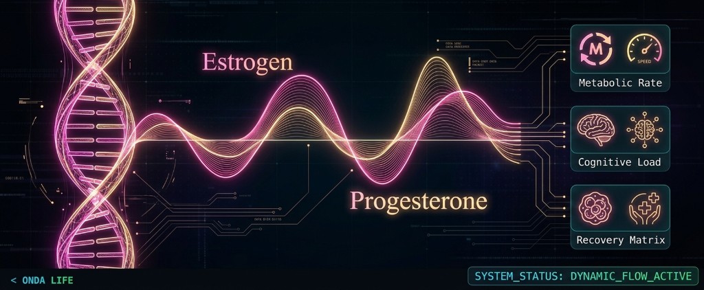 Your hormonal firmware mapped to system metrics. Estrogen and progesterone waves drive metabolic rate, cognitive load, and recovery — sync your output with the current phase. Female cycle biohacking hormonal architecture visual: estrogen progesterone waves, metabolic rate, cognitive load, recovery matrix.