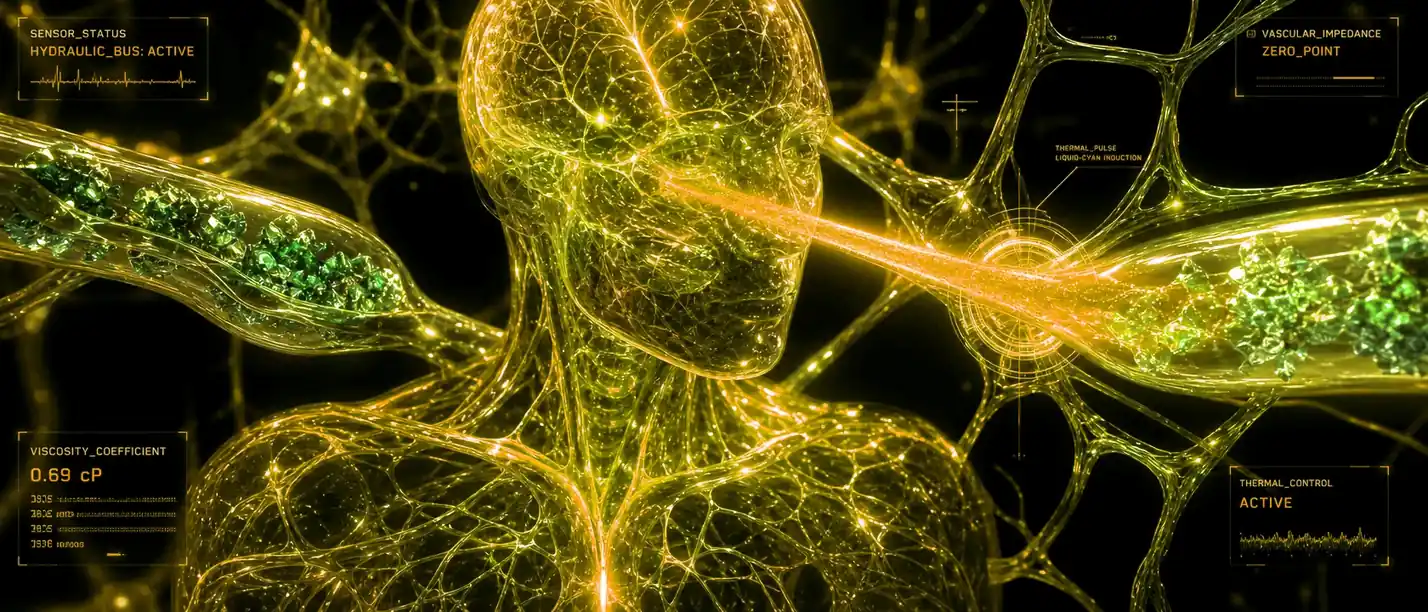 Hydraulic viscosity visual: glowing human form wired into a hydraulic bus, viscosity coefficient 0.69 cP, vascular impedance at zero-point and thermal pulse induction inside the ONDA biological void interface.
