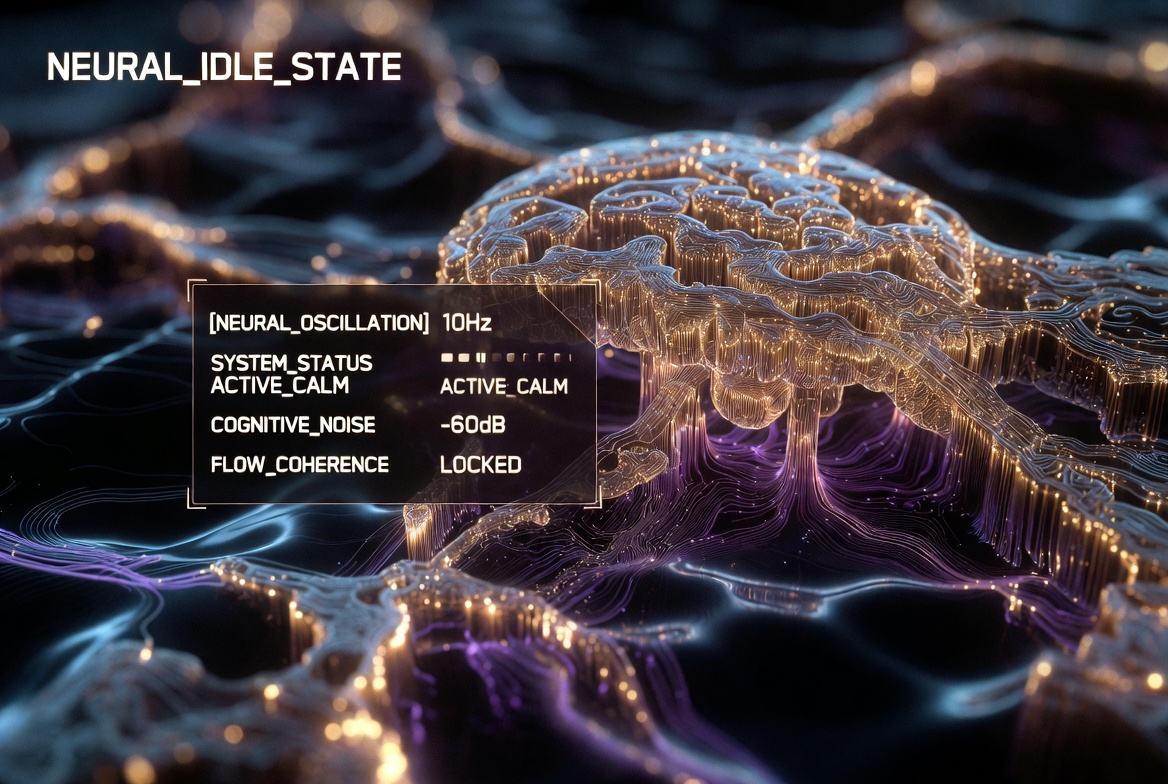 Golden-purple neural network brain with NEURAL_IDLE_STATE label and system monitor showing NEURAL_OSCILLATION 10Hz, SYSTEM_STATUS ACTIVE_CALM, COGNITIVE_NOISE -60dB, FLOW_COHERENCE LOCKED. ONDA Life alpha state brain optimization visualization.