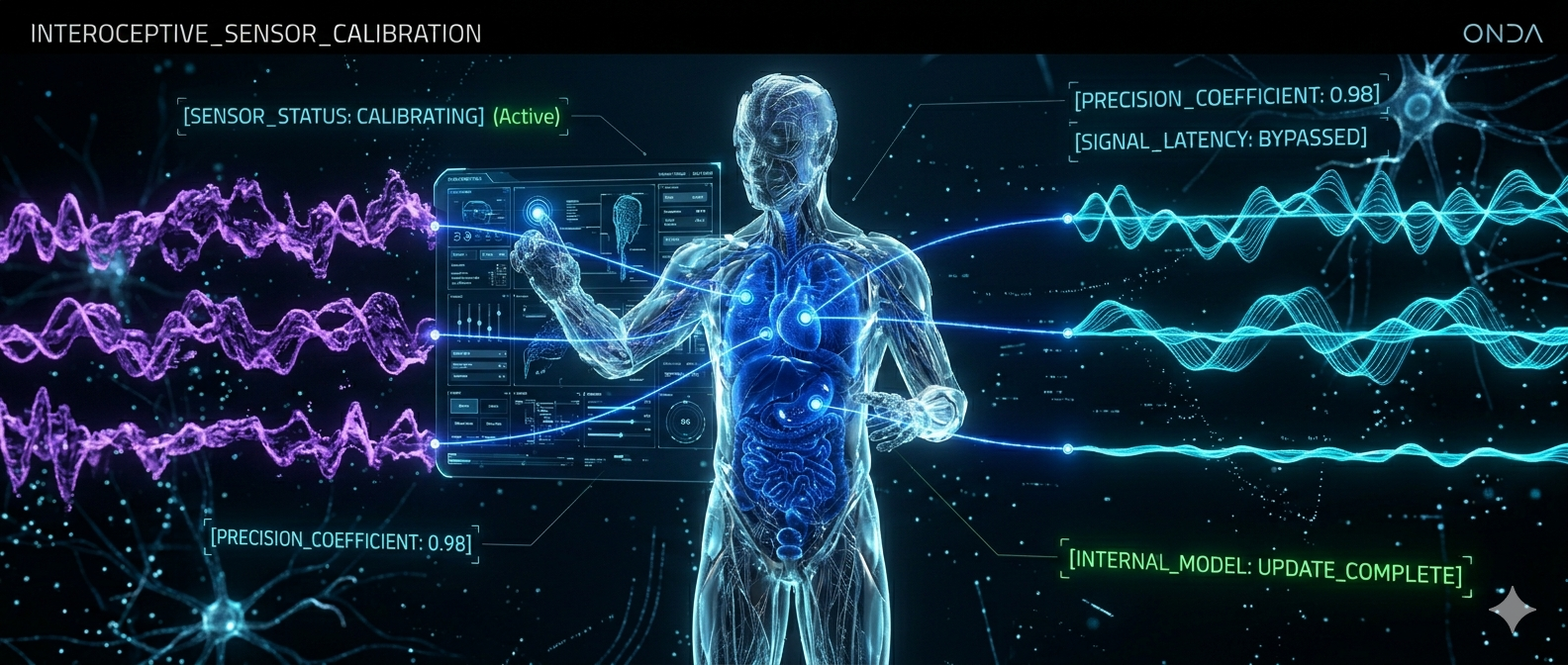 Interoceptive sensor calibration: human body with neural feedback overlays, precision coefficient 0.98, signal latency bypassed.