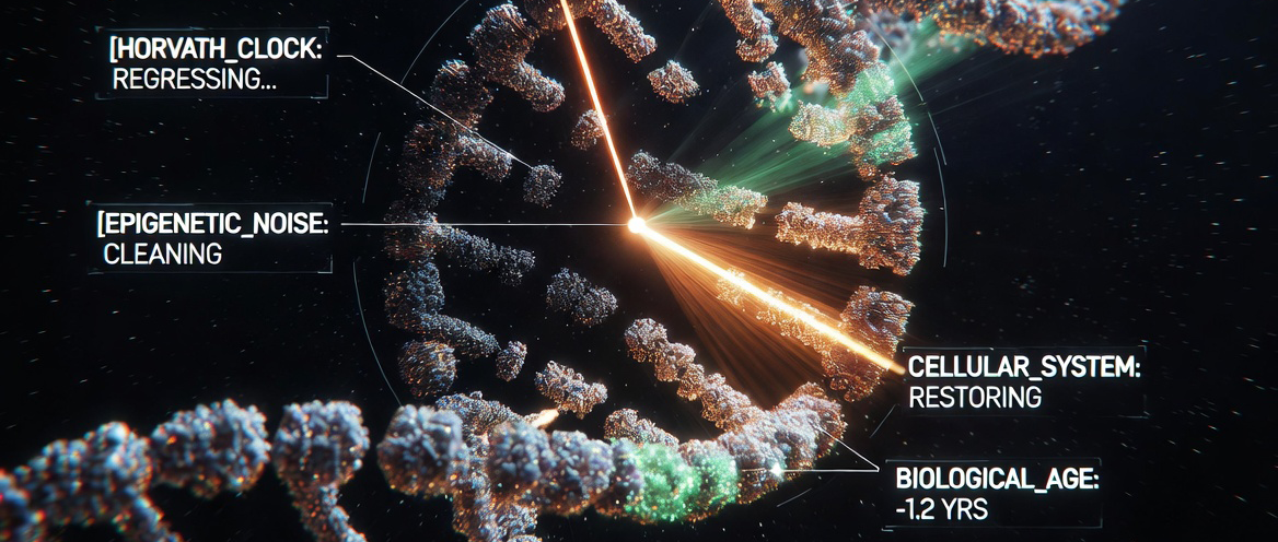 DNA helix epigenetic reset visualization: Horvath Clock regressing, epigenetic noise cleaning, cellular system restoring, biological age -1.2 years. ONDA Life longevity protocol.