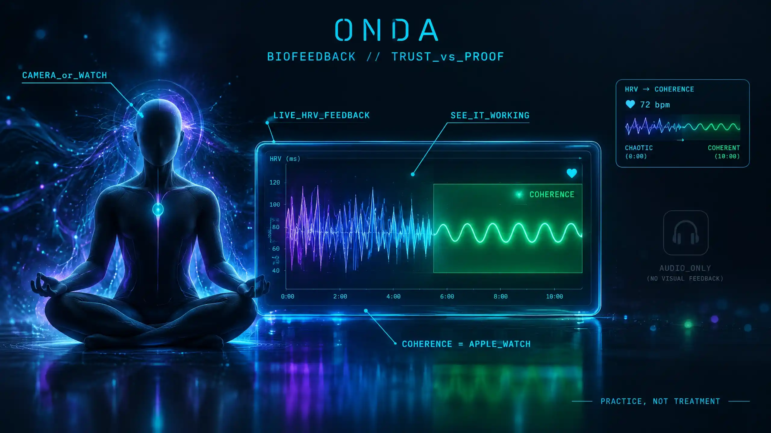 A meditating figure watching their heart rhythm organise into a smooth coherent wave on screen — biofeedback proof versus silent audio-only apps.