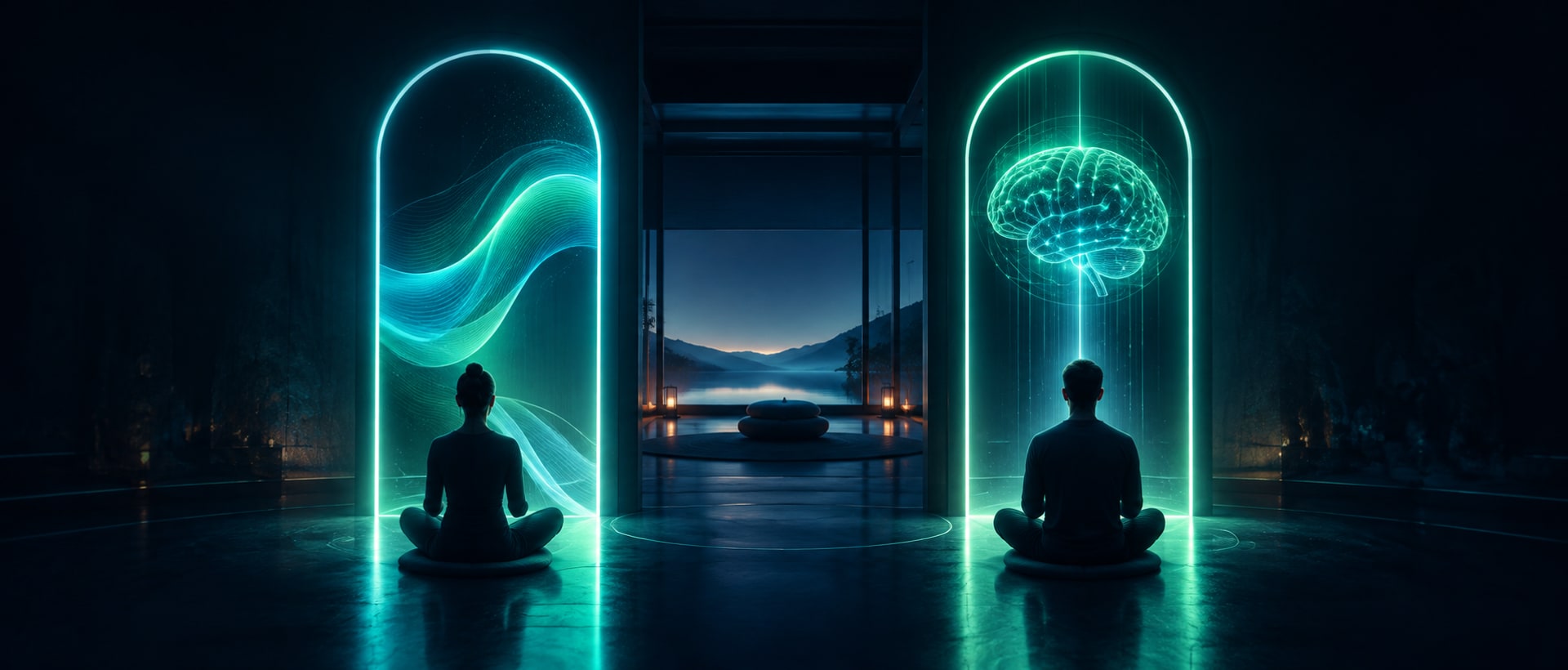 Meditación o breathwork — ilustración: dos puertas de luz, una con una onda de respiración y otra con un cerebro, que se abren a la misma habitación en calma.