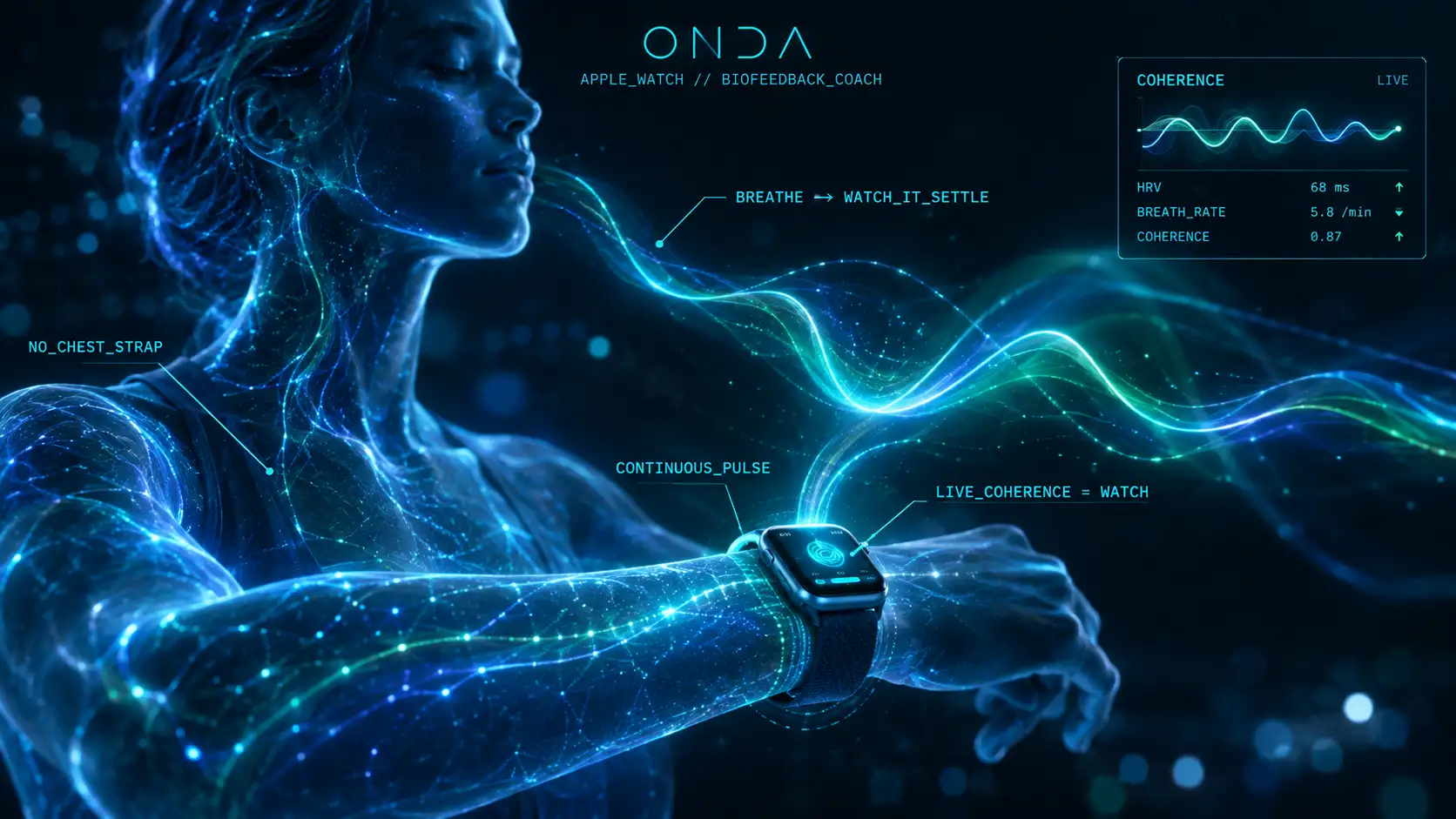 An Apple Watch projecting a live coherence wave as the wearer breathes — continuous pulse, no chest strap, the Watch as a biofeedback coach.