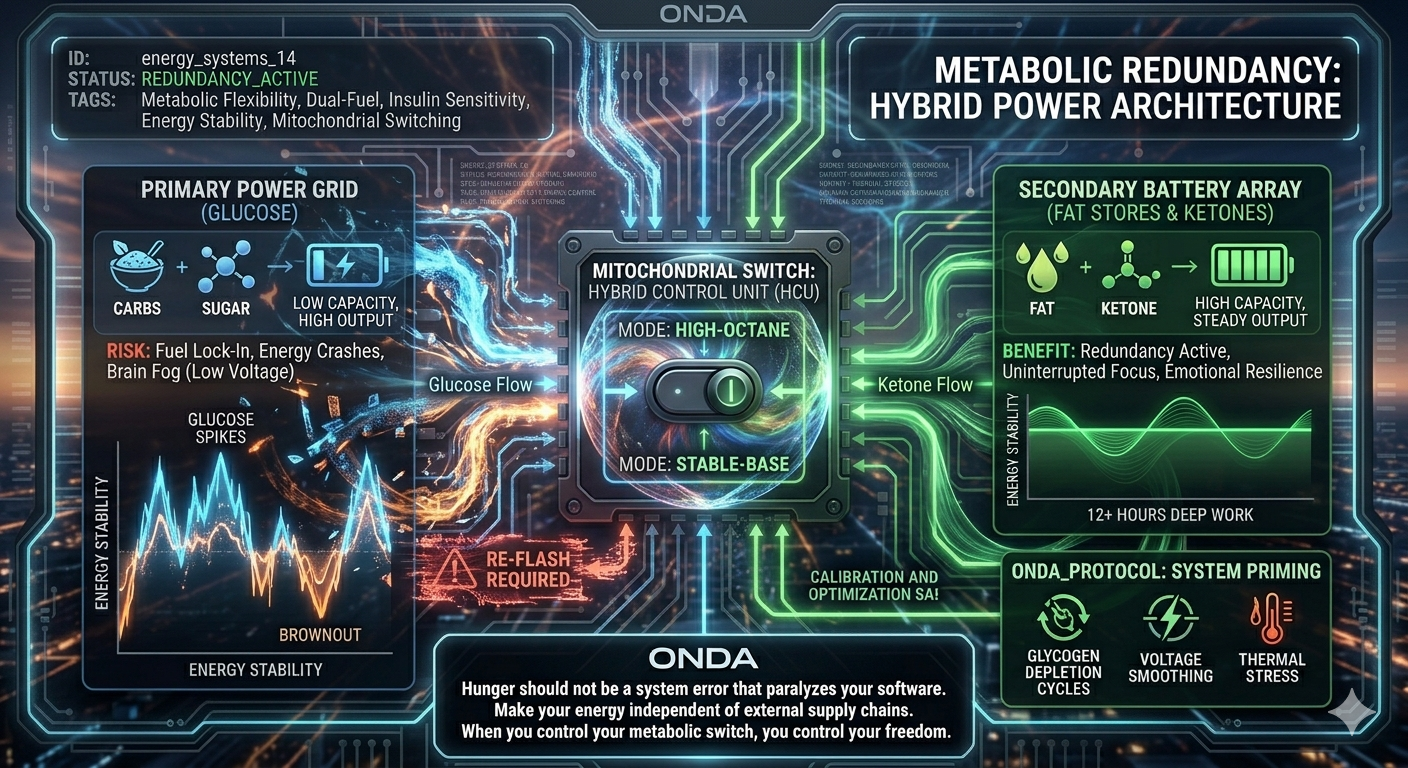 Metabolic redundancy diagram with primary glucose grid, mitochondrial switch, and ketone secondary battery array for hybrid power.