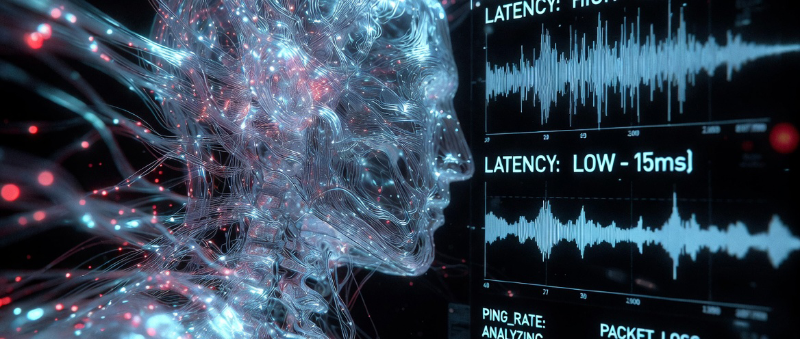 Neural network human head with HRV waveforms: LATENCY HIGH, LATENCY LOW 15ms, PING_RATE ANALYZING, PACKET_LOSS. Nervous system latency audit visualization. ONDA Life biofeedback protocol.