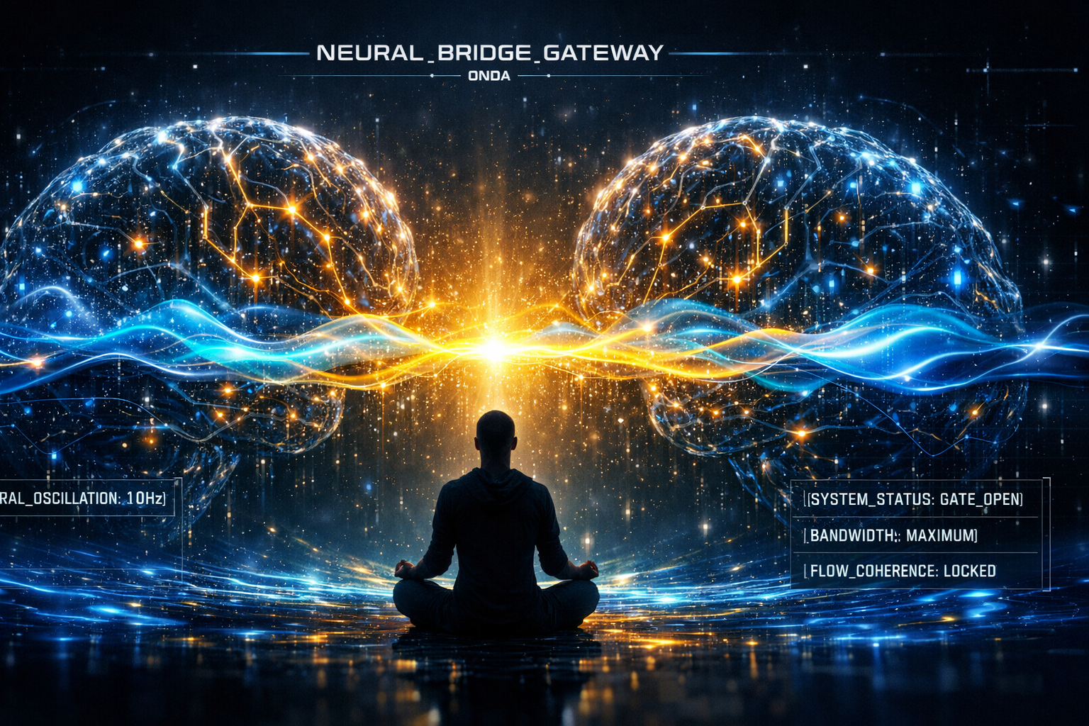 Meditating silhouette between two glowing neural hemispheres connected by golden-blue wave bridge. System monitor: NEURAL_OSCILLATION 10Hz, SYSTEM_STATUS GATE_OPEN, BANDWIDTH MAXIMUM, FLOW_COHERENCE LOCKED. ONDA Life neural bridge alpha flow state visualization.