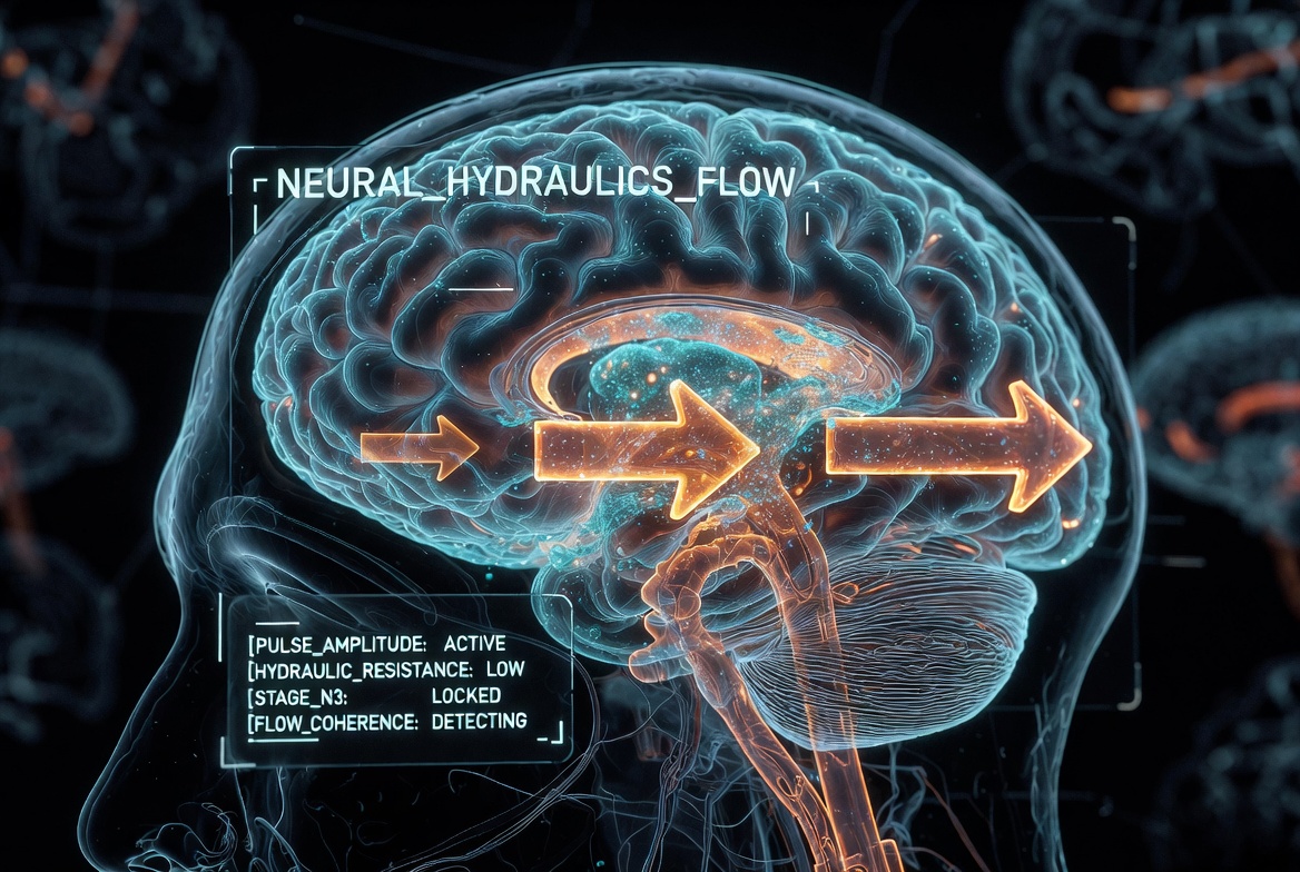 Transparent brain cross-section with orange CSF flow arrows and NEURAL_HYDRAULICS_FLOW label — PULSE_AMPLITUDE ACTIVE, HYDRAULIC_RESISTANCE LOW, STAGE_N3 LOCKED, FLOW_COHERENCE DETECTING overlays. ONDA Life brain fluid dynamics visualization.