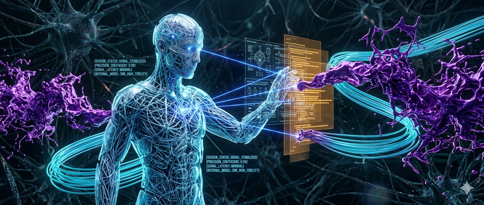 Neural signal-to-noise ratio illustration with a human figure, purple interference, cyan signal waves, and a clean channel interface.