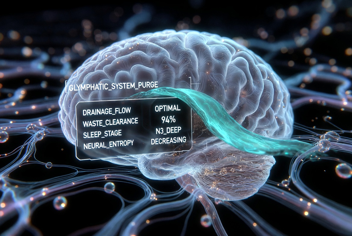 Glowing crystalline brain with teal CSF flow stream and system monitor showing DRAINAGE_FLOW OPTIMAL, WASTE_CLEARANCE 94%, SLEEP_STAGE N3_DEEP, NEURAL_ENTROPY DECREASING. ONDA Life glymphatic purge protocol visualization.