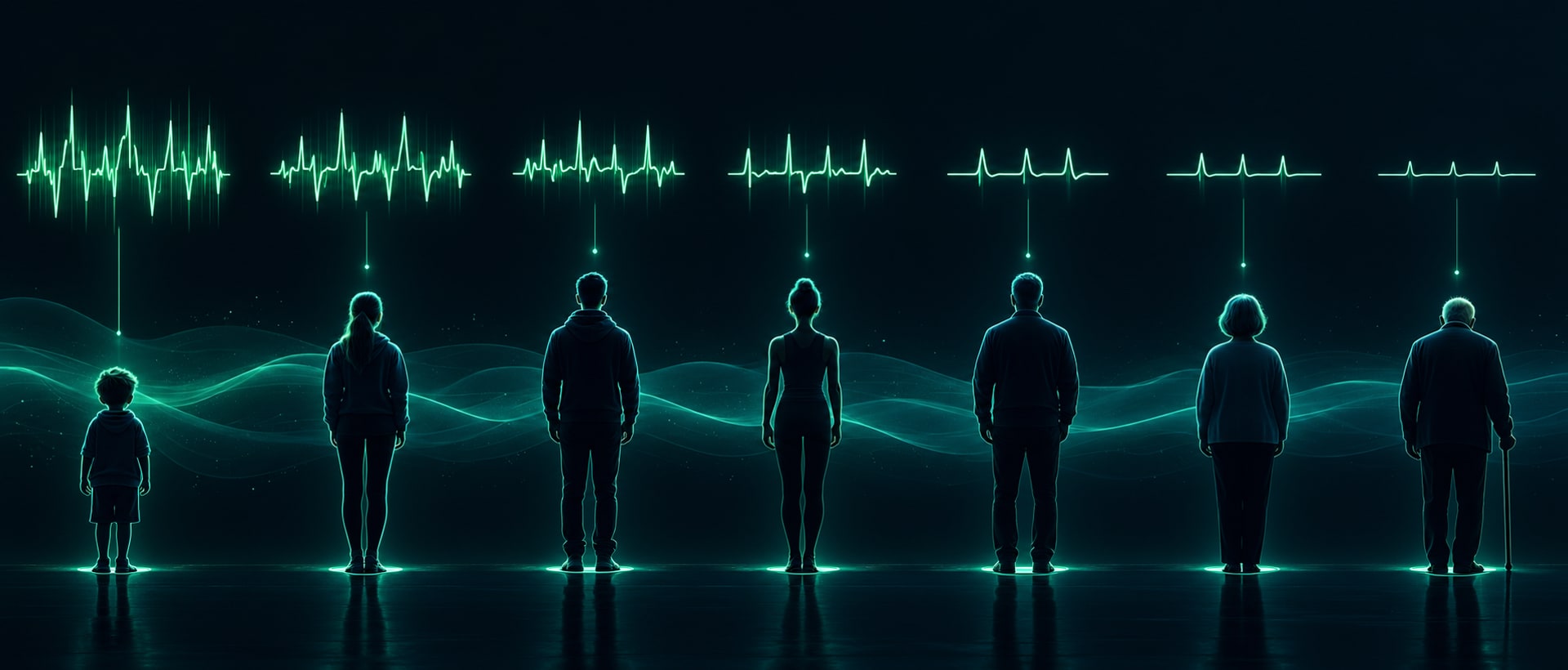 HRV normal por edad — ilustración: una fila de siluetas de jóvenes a mayores, cada una con una línea de ritmo cardiaco cuya variabilidad disminuye con la edad.