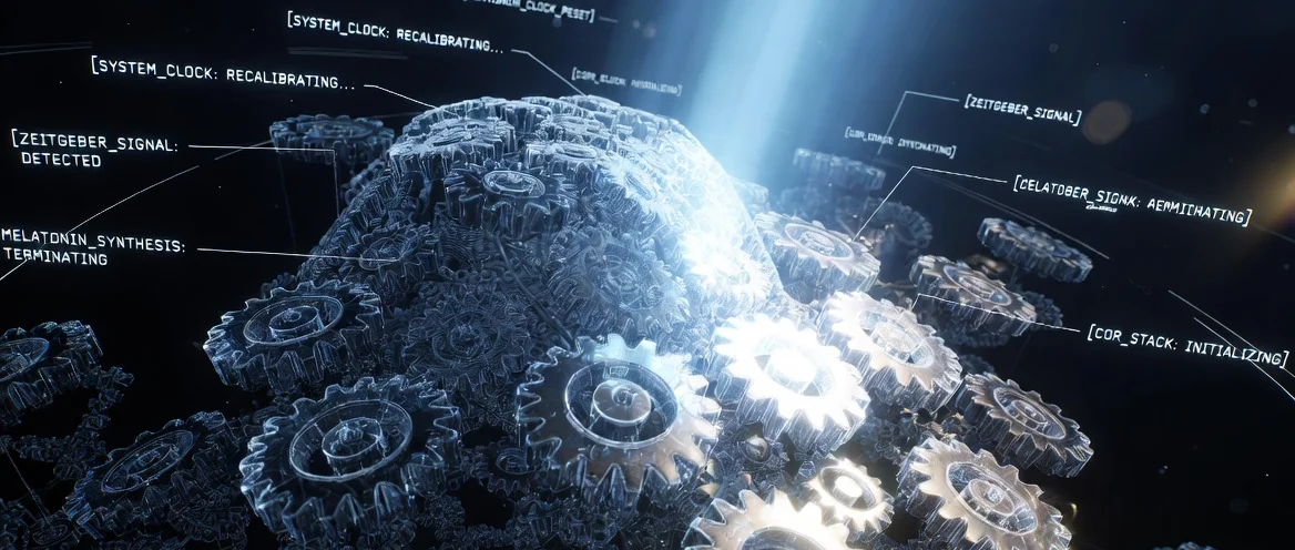 Biological clock hard reset: mechanical gears of the SCN recalibrating with Zeitgeber signals — SYSTEM_CLOCK recalibrating, melatonin terminating, cortisol stack initializing. ONDA Life.