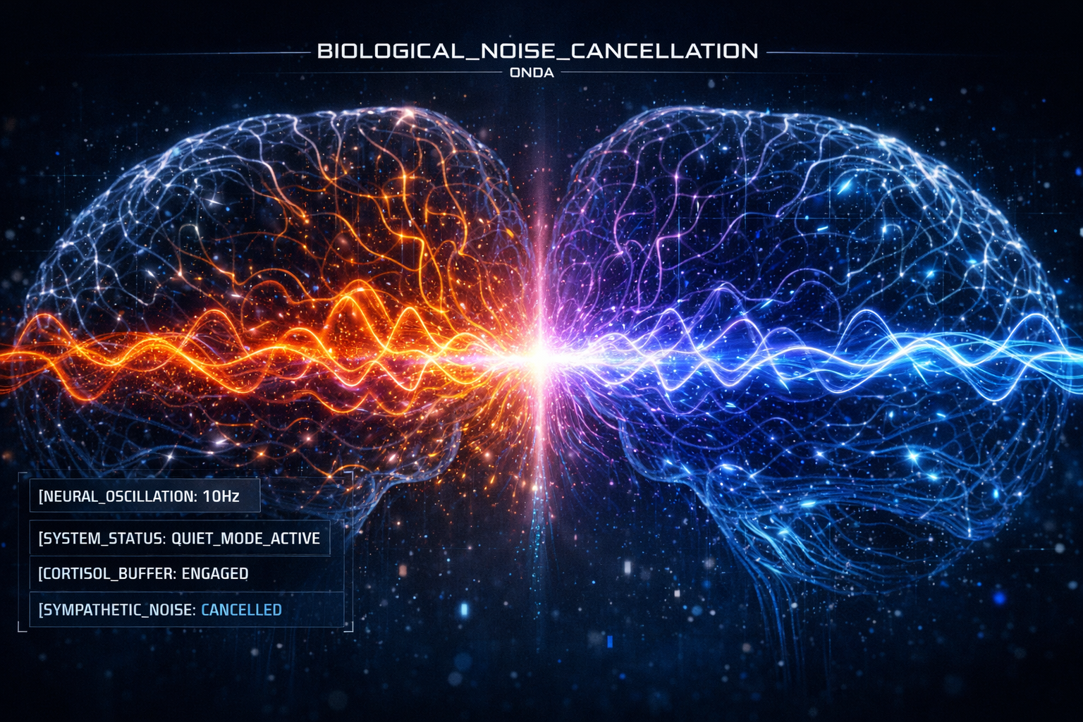 Two glowing neural hemispheres face each other — left hemisphere in orange-red high-Beta stress waves, right hemisphere in calm blue-purple Alpha waves meeting at a central convergence point. BIOLOGICAL_NOISE_CANCELLATION label. System monitor: NEURAL_OSCILLATION 10Hz, SYSTEM_STATUS QUIET_MODE_ACTIVE, CORTISOL_BUFFER ENGAGED, SYMPATHETIC_NOISE CANCELLED. ONDA Life stress recovery visualization.