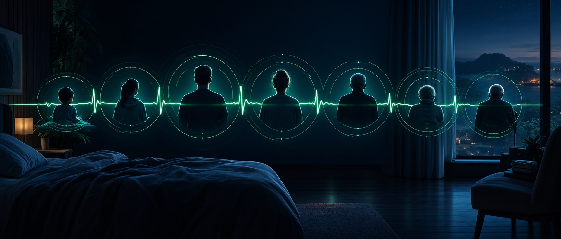 Frecuencia cardiaca en reposo por edad — ilustración: una línea de latido tranquila sobre un dormitorio de noche, con anillos tenues que evocan las etapas de la vida.
