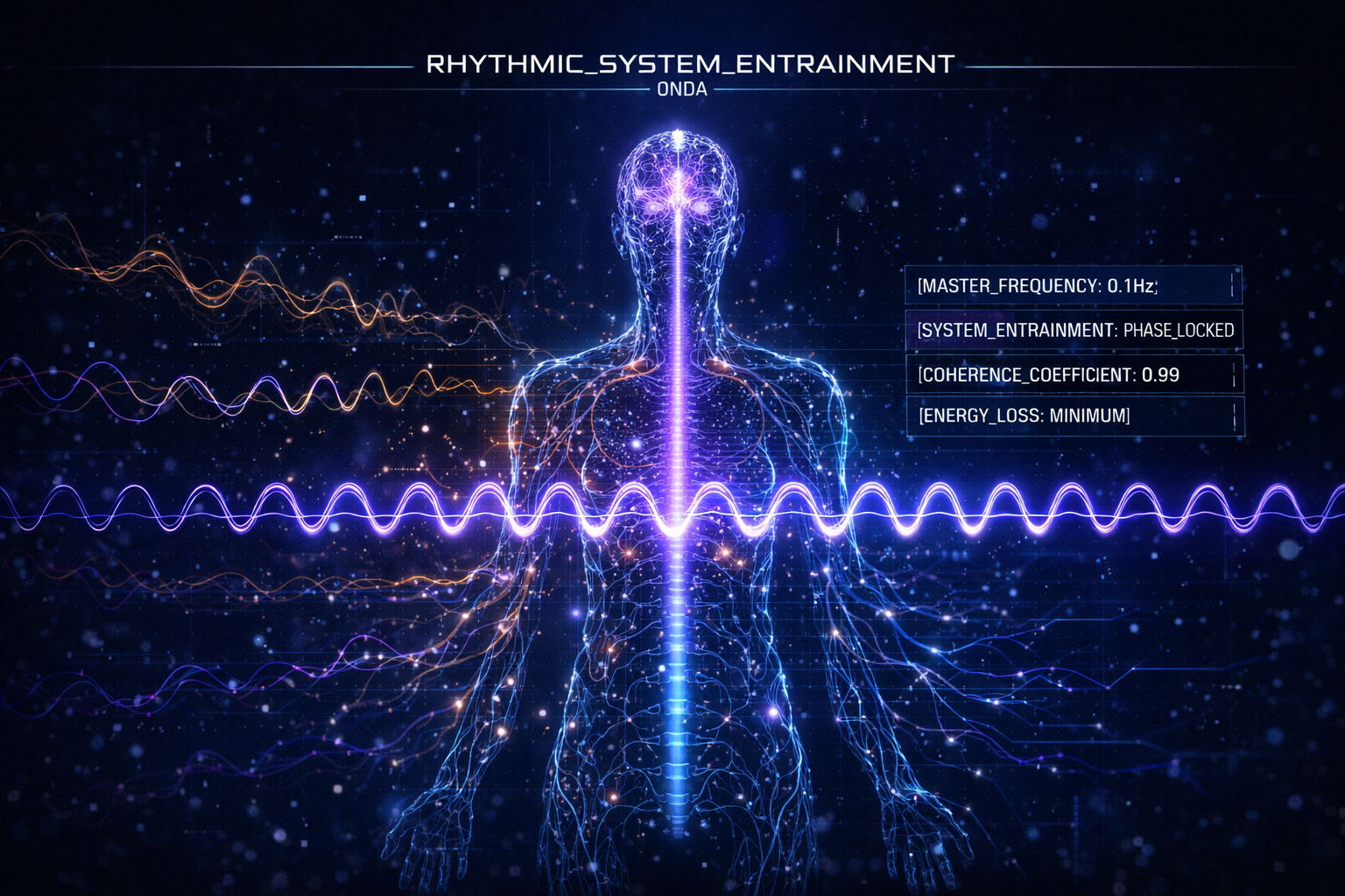 Glowing blue-violet human silhouette with spinal energy column and synchronized wave frequencies passing through the body. Multiple colored oscillator waves on the left (orange, violet, blue) converge into a single coherent wave. System monitor: MASTER_FREQUENCY 0.1Hz, SYSTEM_ENTRAINMENT PHASE_LOCKED, COHERENCE_COEFFICIENT 0.99, ENERGY_LOSS MINIMUM. ONDA Life rhythmic entrainment visualization.