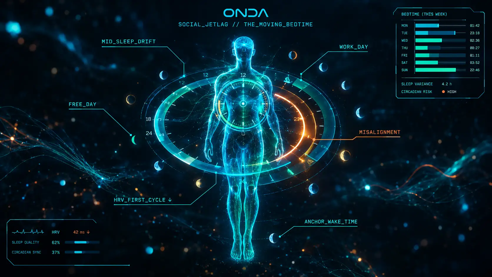 Holographic human figure inside a desynced circadian clock ring — a cyan body-clock misaligned with an orange actual-schedule arc, scattered moon phases around.