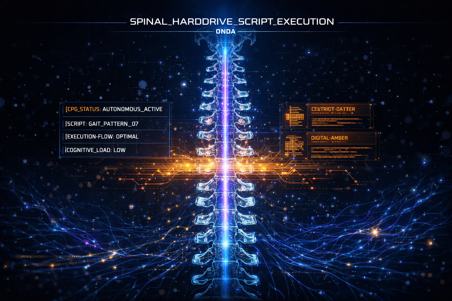 Glowing blue-gold digital spine with neural network connections radiating outward. SPINAL_HARDDRIVE_SCRIPT_EXECUTION label. System monitor: CPG_STATUS AUTONOMOUS_ACTIVE, SCRIPT GAIT_PATTERN_07, EXECUTION-FLOW OPTIMAL, COGNITIVE_LOAD LOW. ONDA Life central pattern generator spinal intelligence visualization.