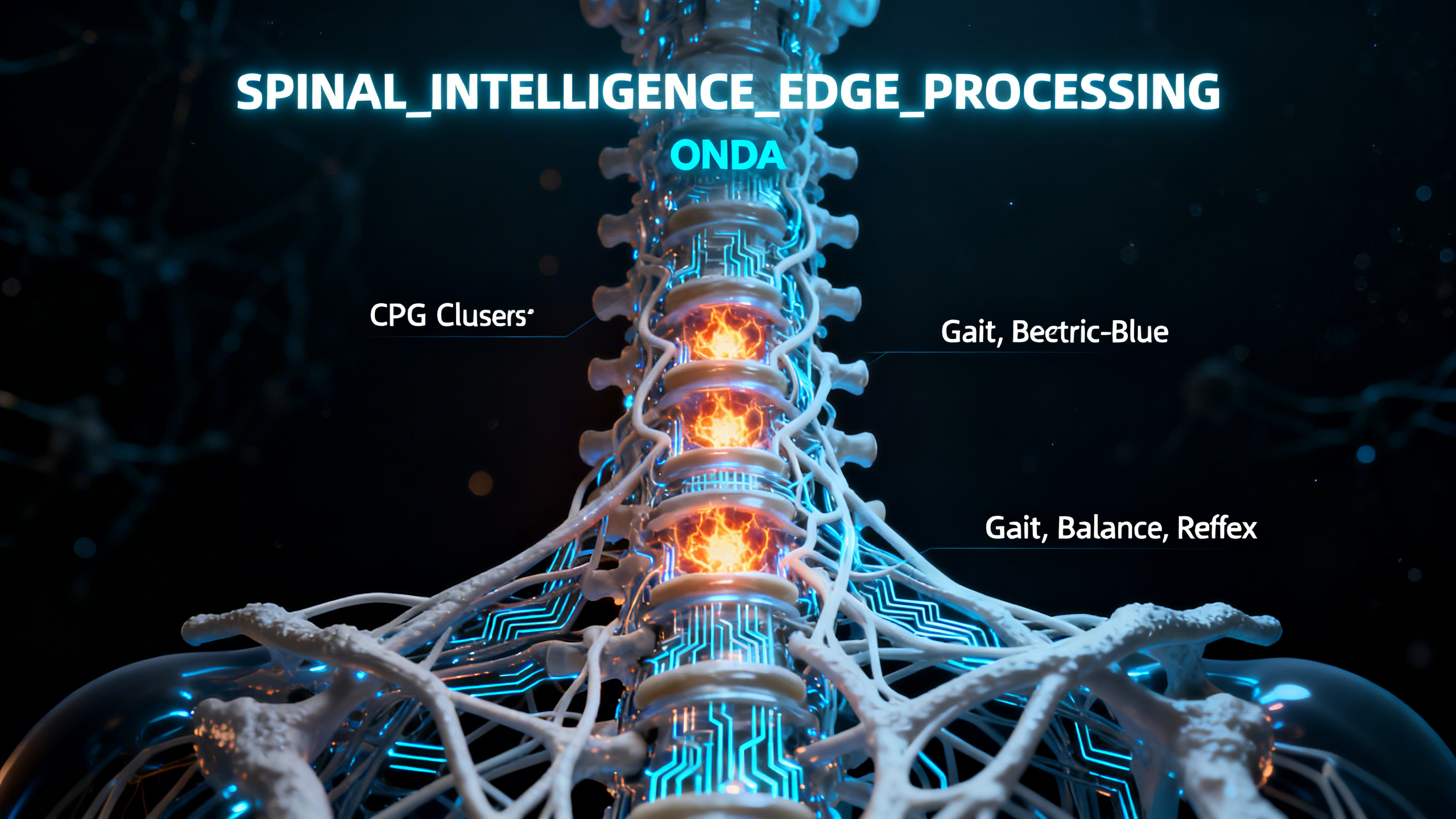 Close-up anatomical render of glowing spine with orange-fire CPG cluster nodes and cyan circuit traces. Labels: CPG Clusters (left), Gait / Electric-Blue (right), Gait / Balance / Reflex (lower right). SPINAL_INTELLIGENCE_EDGE_PROCESSING title. ONDA Life decentralized spinal control protocol visualization.
