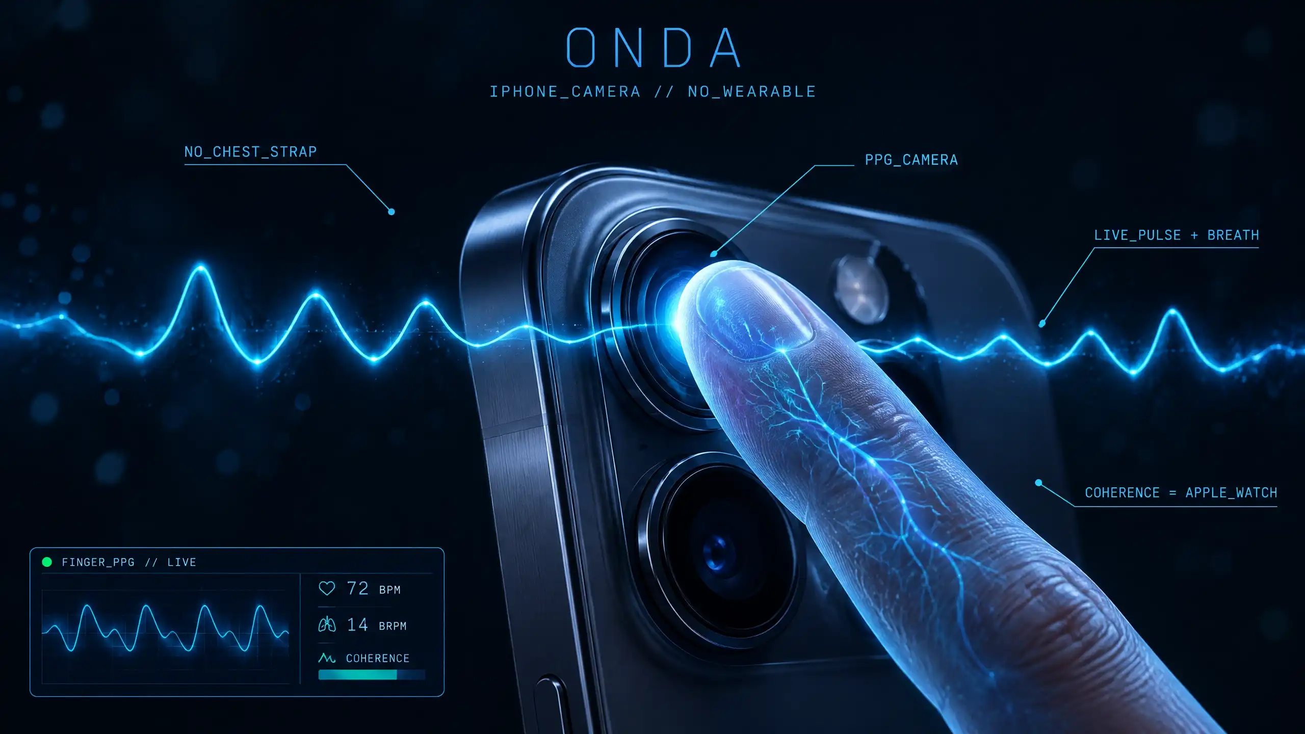 A fingertip over an iPhone rear camera streaming a clean pulse (PPG) waveform — real breathing biofeedback with no watch, ring or chest strap.
