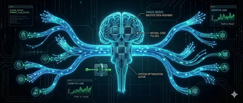 Vagus nerve biohacking — master data highway for neural interface and parasympathetic control Vagus nerve stimulation biohacking visual: neural interface, parasympathetic data highway, brainstem to heart lungs gut pathway.