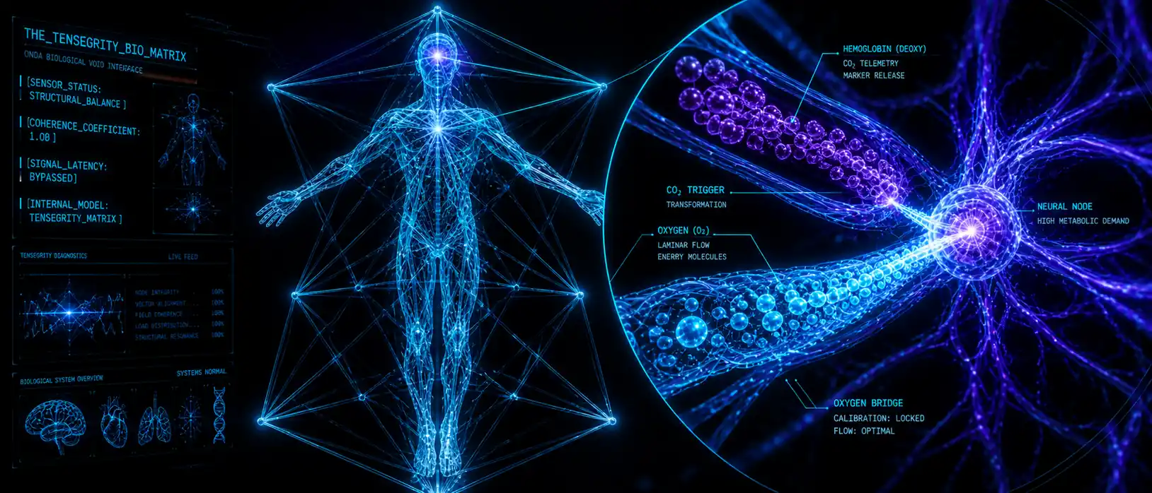 Vascular tensegrity visual: human form lit by oxygen and CO2 telemetry, hemoglobin clusters and an oxygen bridge feeding a high-demand neural node inside the ONDA biological void interface.