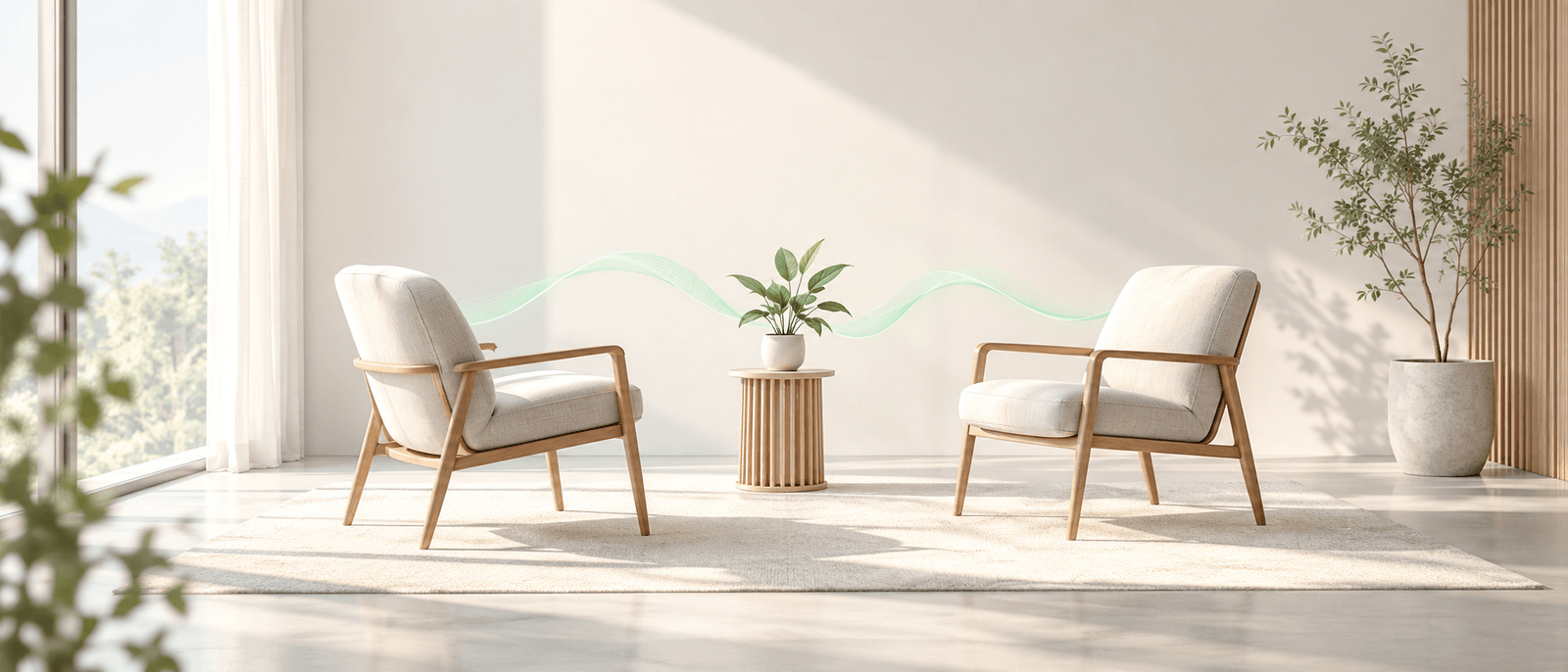 Two armchairs facing each other in a bright, calm room with a soft mint-green wave flowing between them — listening and being heard.
