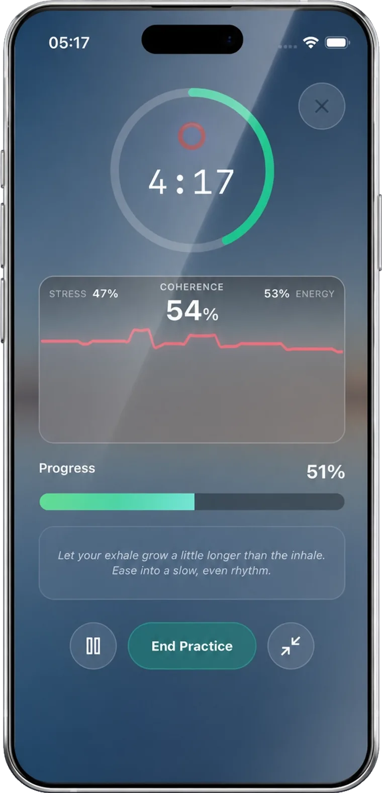 ONDA live coherence training session — breathing timer, live heart-rhythm wave, and coherence score