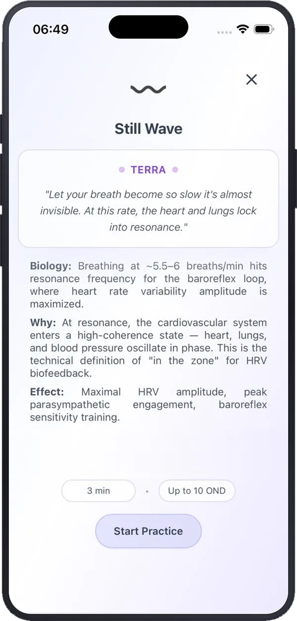 Pantalla de ciencia dentro de ONDA que muestra la biología, el porqué y el efecto de un protocolo de respiración