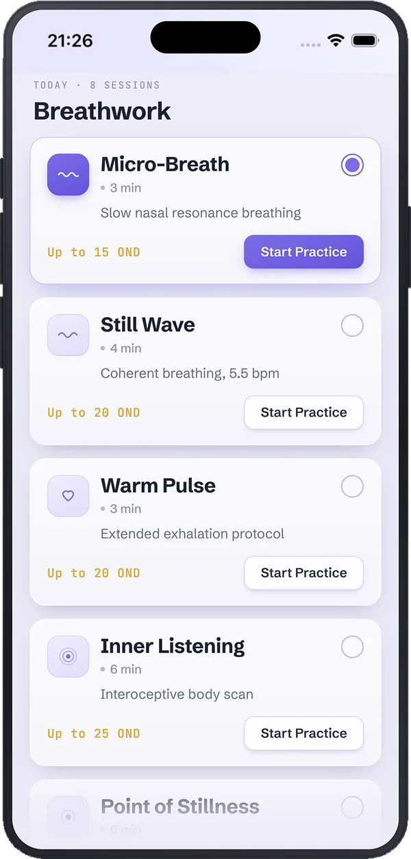 Lista de protocolos de respiración de ONDA — Micro-Breath, Still Wave, Warm Pulse y más