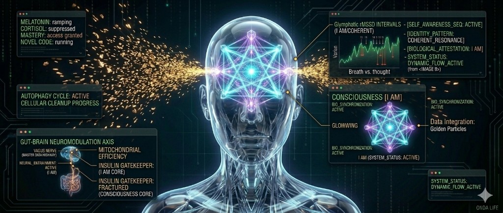Human consciousness architecture, self-awareness biology, ONDA I AM identity, neural lattice coherence visualized.