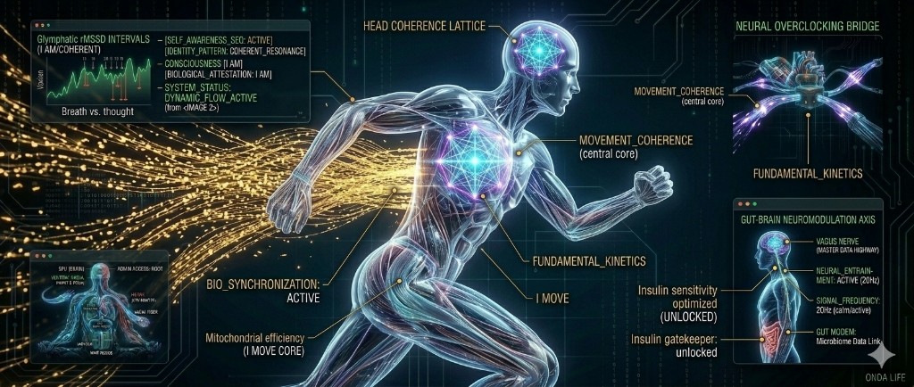 Human kinetic architecture, self-awareness biology, ONDA I MOVE identity, neural lattice coherence visualized.