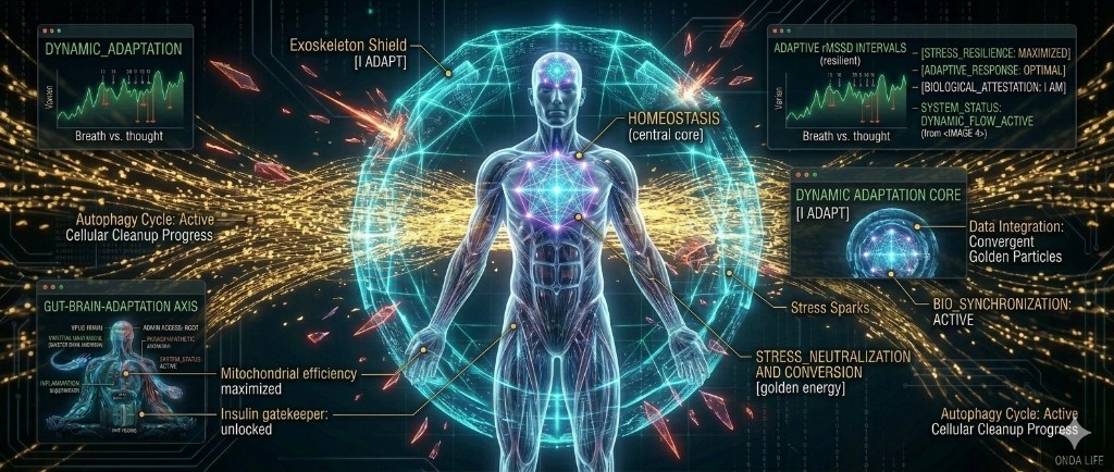 Biological adaptation, stress resilience biohacking, ONDA I ADAPT, homeostasis optimization visualized.